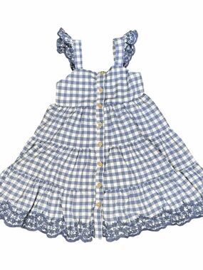 Girls Blue and White Checkered Embroidered Dress • Shabby Chic‎ • Small